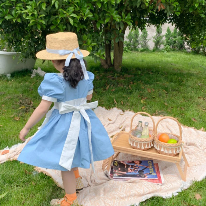 Children'S Sweet Princess Dresses For Girs Summer British Style Lace Apron Decoration Retro Puff Sleeve Dress Baby Kids Clothing