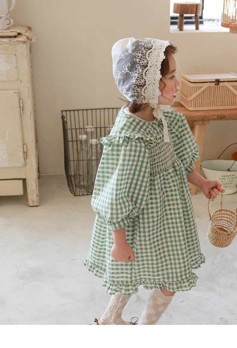 Green Checkered Dress Spring New 2025 Korean Fashion Checkered Doll Collar Lace Princess Dress Kids Clothes Girls