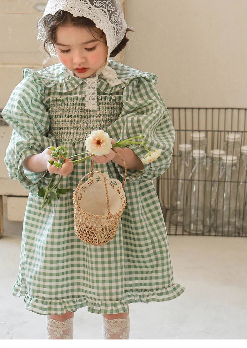 Green Checkered Dress Spring New 2025 Korean Fashion Checkered Doll Collar Lace Princess Dress Kids Clothes Girls