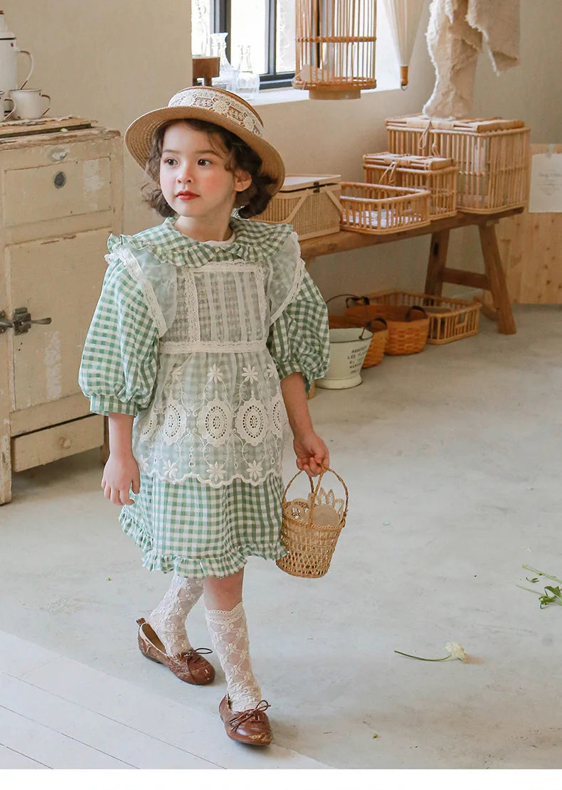 Green Checkered Dress Spring New 2025 Korean Fashion Checkered Doll Collar Lace Princess Dress Kids Clothes Girls
