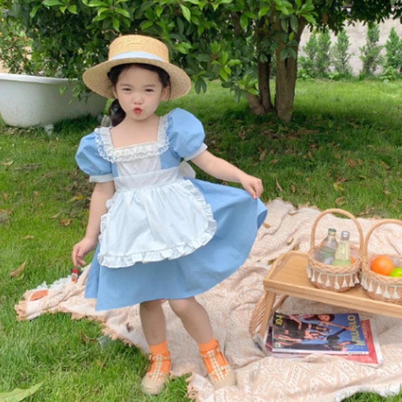 Children'S Sweet Princess Dresses For Girs Summer British Style Lace Apron Decoration Retro Puff Sleeve Dress Baby Kids Clothing