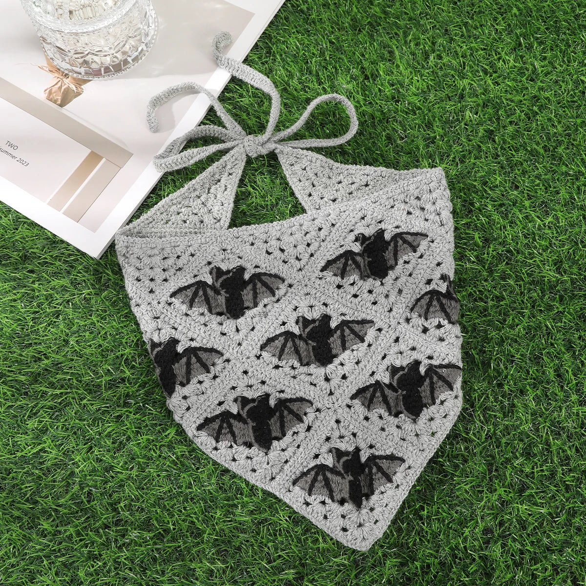 AWAYTR Halloween Crochet Hollow Triangle Headband Korean Handmade Small Bat Frog Shadow Hairband Strap Headscarf Women Headwear