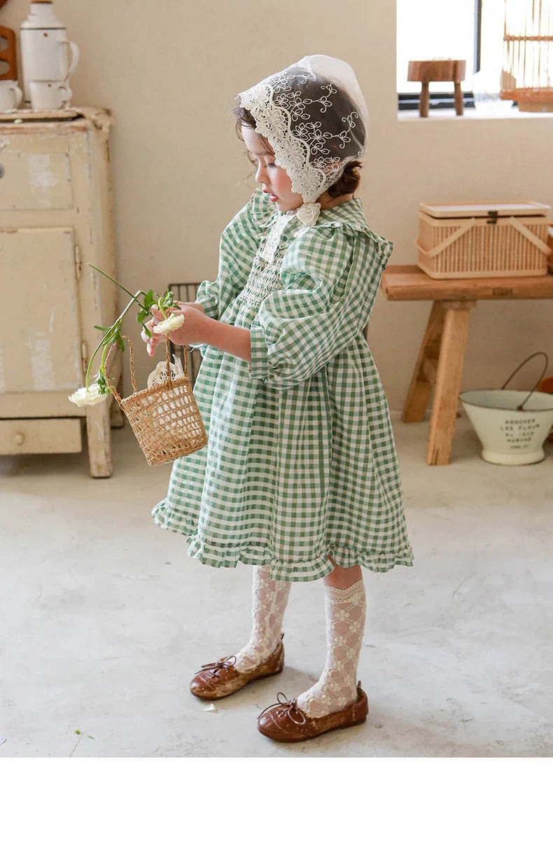 Green Checkered Dress Spring New 2025 Korean Fashion Checkered Doll Collar Lace Princess Dress Kids Clothes Girls