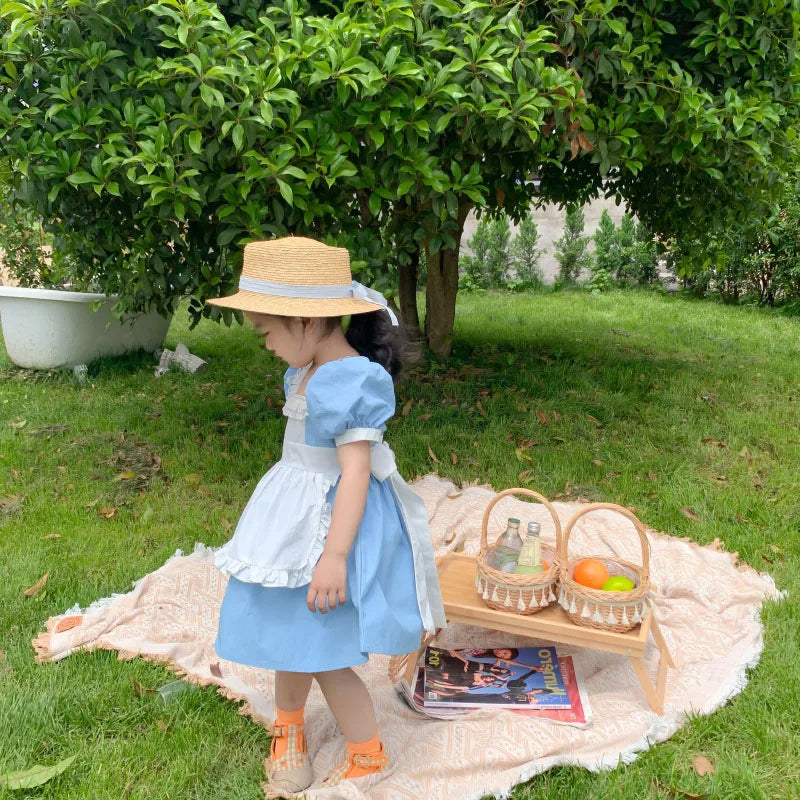 Children'S Sweet Princess Dresses For Girs Summer British Style Lace Apron Decoration Retro Puff Sleeve Dress Baby Kids Clothing