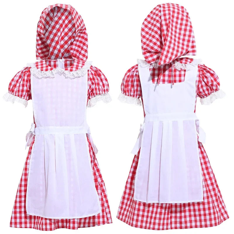 German Beer Pink Maid Costume for Kids, Oktoberfest Dirndl Dress, Plaid Bow, Child Halloween Party Outfit, High Quality, New