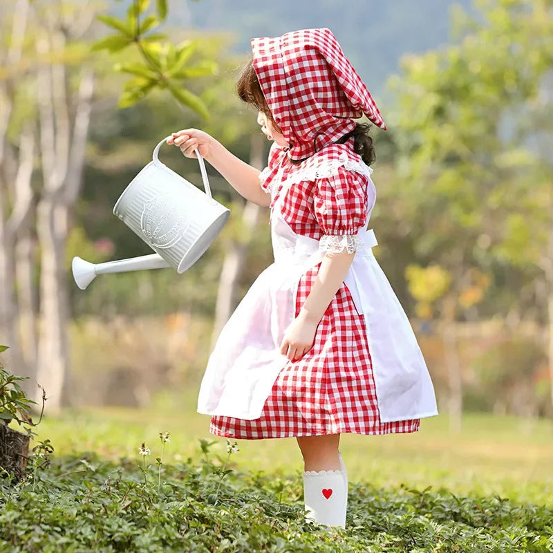German Beer Pink Maid Costume for Kids, Oktoberfest Dirndl Dress, Plaid Bow, Child Halloween Party Outfit, High Quality, New