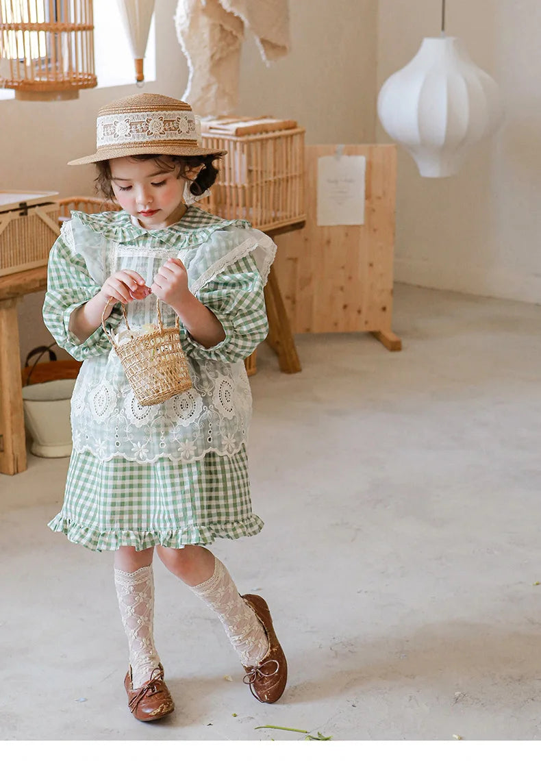 Green Checkered Dress Spring New 2025 Korean Fashion Checkered Doll Collar Lace Princess Dress Kids Clothes Girls
