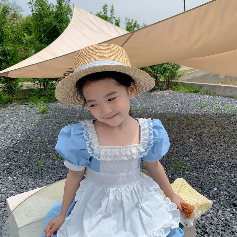 Children'S Sweet Princess Dresses For Girs Summer British Style Lace Apron Decoration Retro Puff Sleeve Dress Baby Kids Clothing