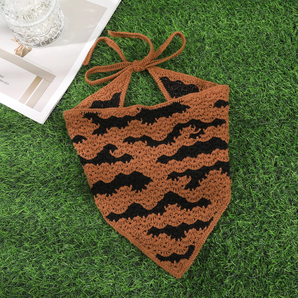 AWAYTR Halloween Crochet Hollow Triangle Headband Korean Handmade Small Bat Frog Shadow Hairband Strap Headscarf Women Headwear