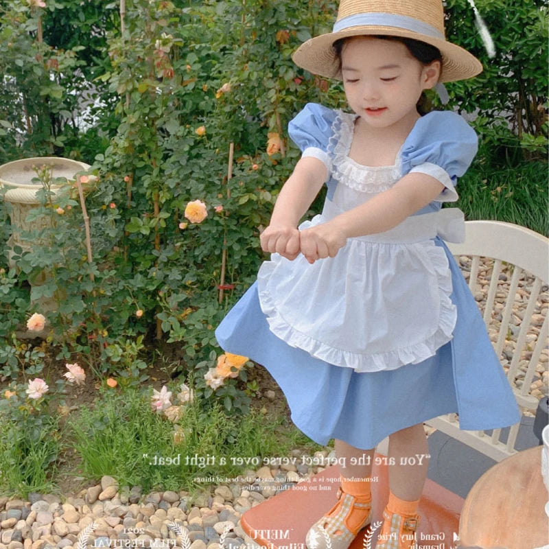 Children'S Sweet Princess Dresses For Girs Summer British Style Lace Apron Decoration Retro Puff Sleeve Dress Baby Kids Clothing