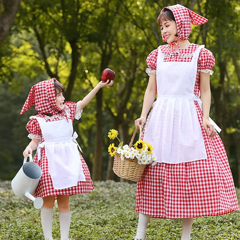 German Beer Pink Maid Costume for Kids, Oktoberfest Dirndl Dress, Plaid Bow, Child Halloween Party Outfit, High Quality, New