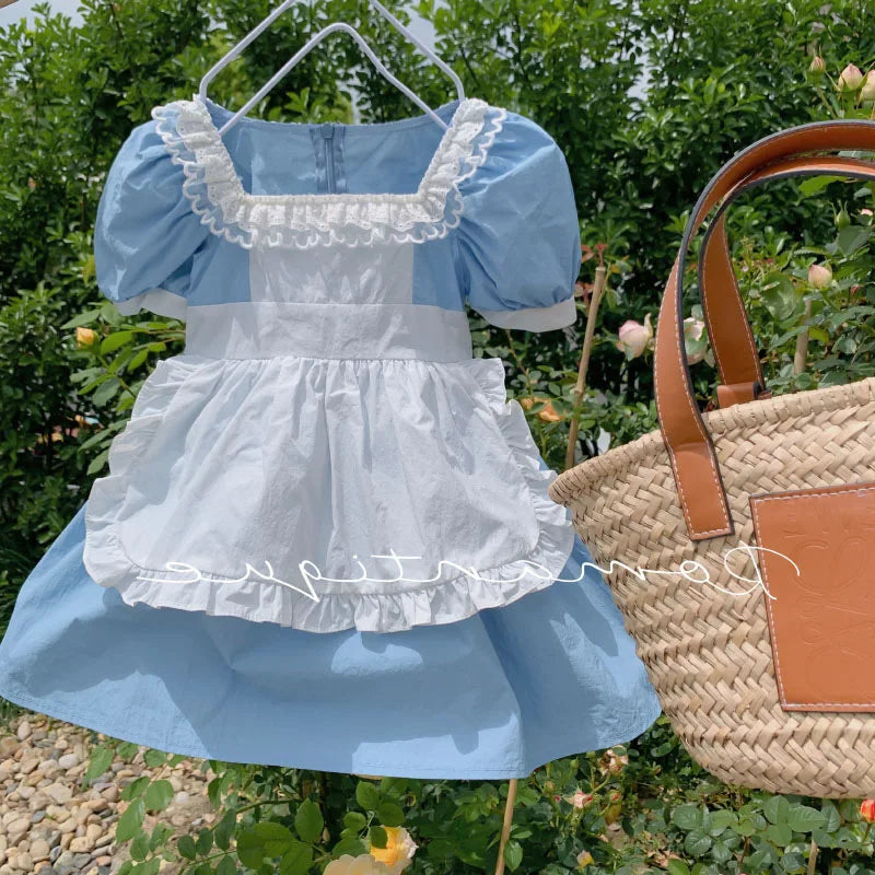 Children'S Sweet Princess Dresses For Girs Summer British Style Lace Apron Decoration Retro Puff Sleeve Dress Baby Kids Clothing