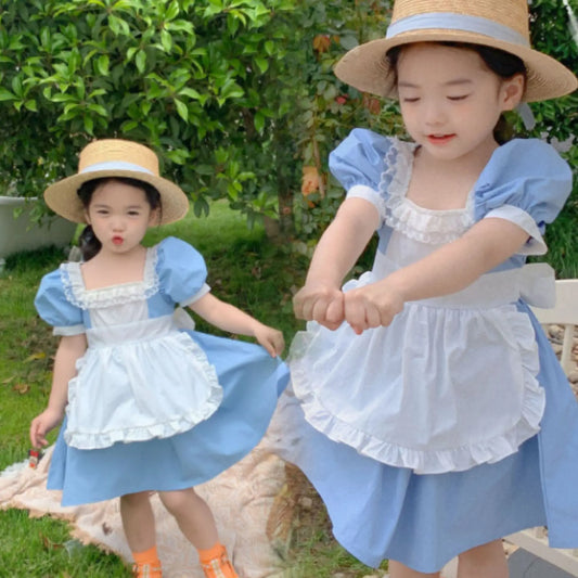 Children'S Sweet Princess Dresses For Girs Summer British Style Lace Apron Decoration Retro Puff Sleeve Dress Baby Kids Clothing