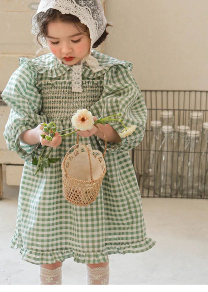 Green Checkered Dress Spring New 2025 Korean Fashion Checkered Doll Collar Lace Princess Dress Kids Clothes Girls