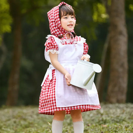 German Beer Pink Maid Costume for Kids, Oktoberfest Dirndl Dress, Plaid Bow, Child Halloween Party Outfit, High Quality, New