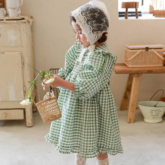 Green Checkered Dress Spring New 2025 Korean Fashion Checkered Doll Collar Lace Princess Dress Kids Clothes Girls