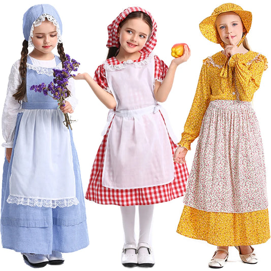 Girl Yellow Floral Print Pastoral Style Dress Kid Drama Stage Performance Halloween Costume Children Red Blue Plaid Farm Clothes