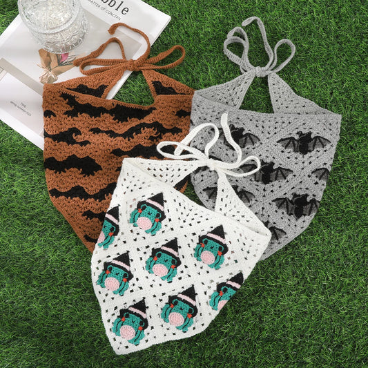 AWAYTR Halloween Crochet Hollow Triangle Headband Korean Handmade Small Bat Frog Shadow Hairband Strap Headscarf Women Headwear