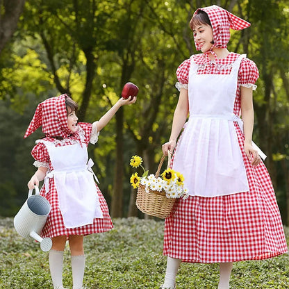 German Beer Pink Maid Costume for Kids, Oktoberfest Dirndl Dress, Plaid Bow, Child Halloween Party Outfit, High Quality, New